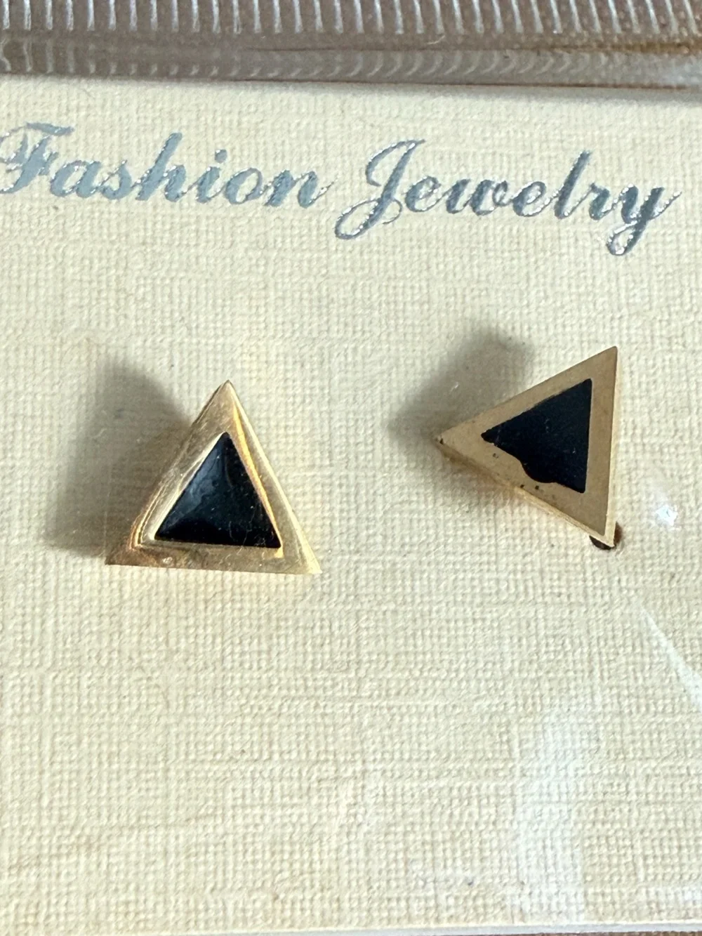 Gold Triangle Stud Earrings with Black Inlay
